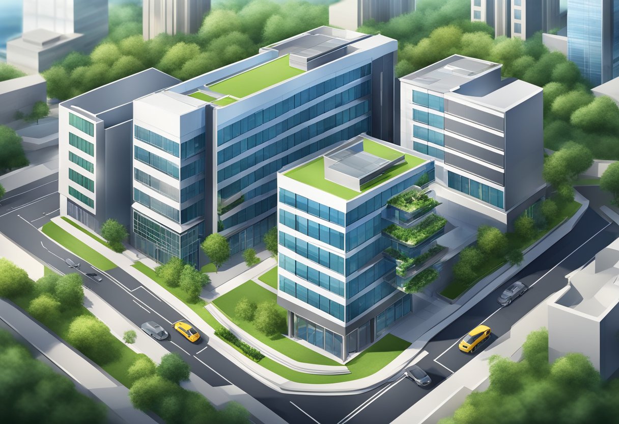 A modern office building with sleek architecture and amenities, surrounded by green space and located in a bustling business district